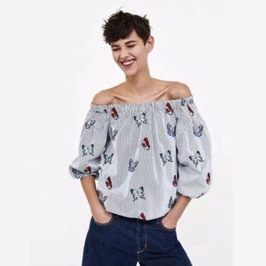 Zara Basic Embroidered Butterfly Off The Shoulder Striped Crop Top Blouse S
